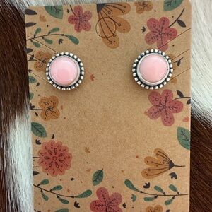 ❤️ Queen Pink Conch Navajo Style Round Stud Earrings Matte Brushed Sterling 3.7G